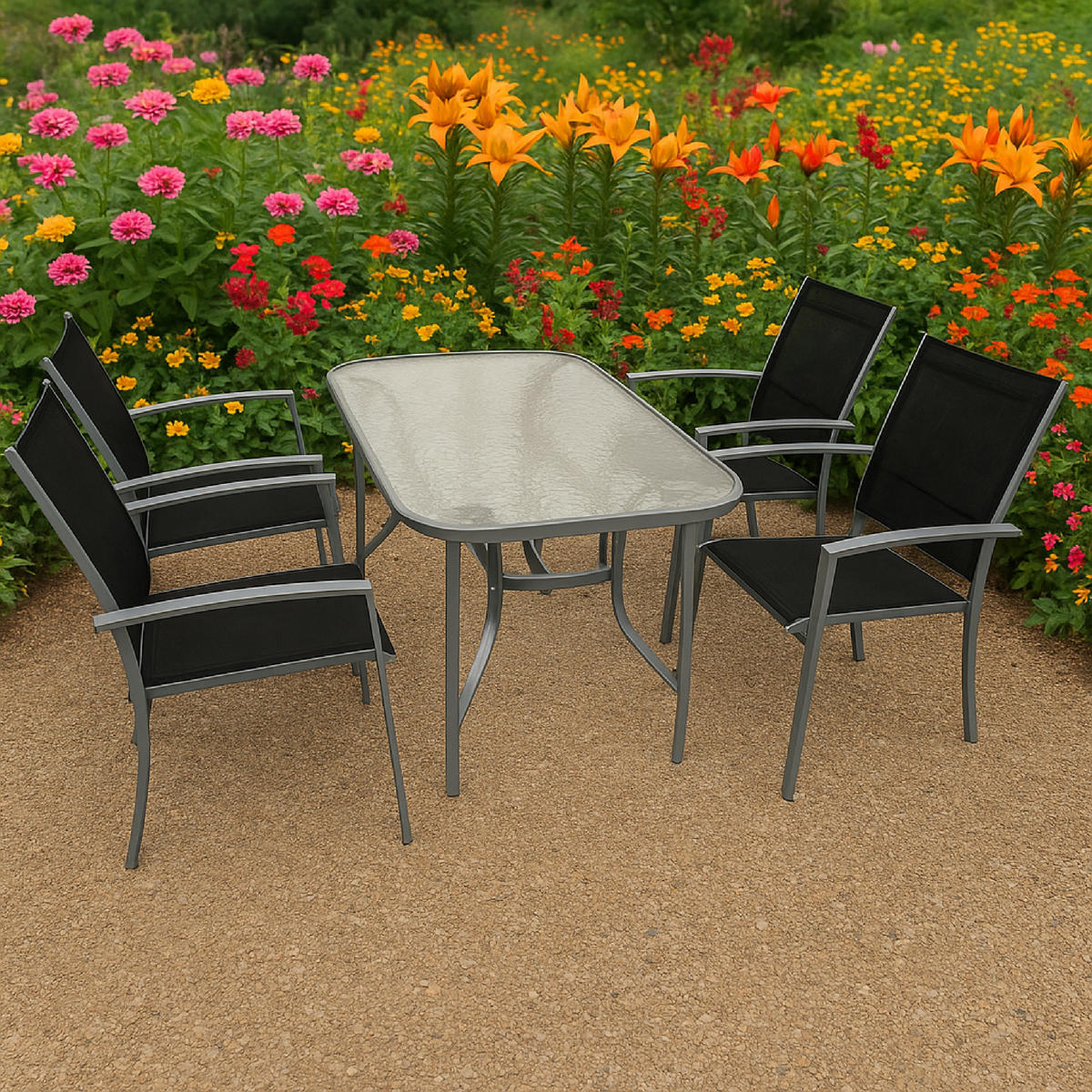 GARTEN-GARTEN-GARNITUR Leeds - Gartenessgruppe für 4 Personen - Gartenmöbel Set 5-teilig, Metall + Kunstgewebe schwarz - Schwarz, Metall - TPFGarden