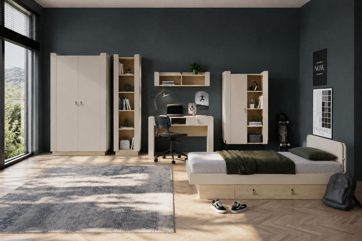 JUGENDZIMMER SOVI B 6-teilig in Porcini / Eiche Mavelie - Eichefarben/Beige, Holzwerkstoff (479/201/218cm) - Deine Möbel 24