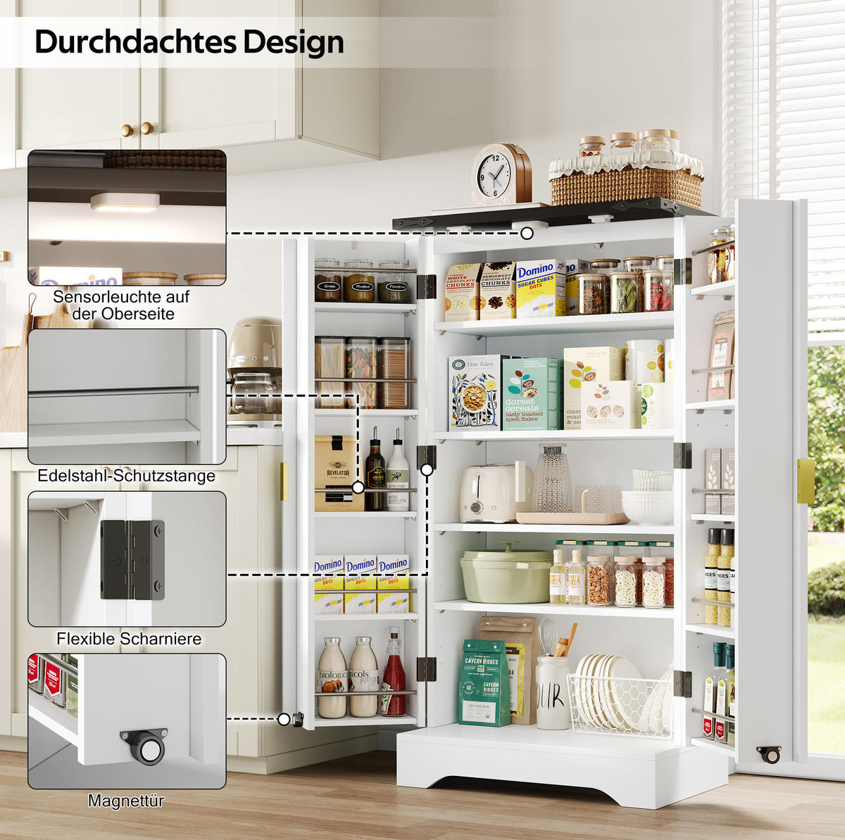 ANRICHTE 120/60,5/40 cm in Weiß mit LED-Beleuchtung und verstellbaren Böden - Weiß, Holzwerkstoff (60.5/120/40cm) - Flora Grace