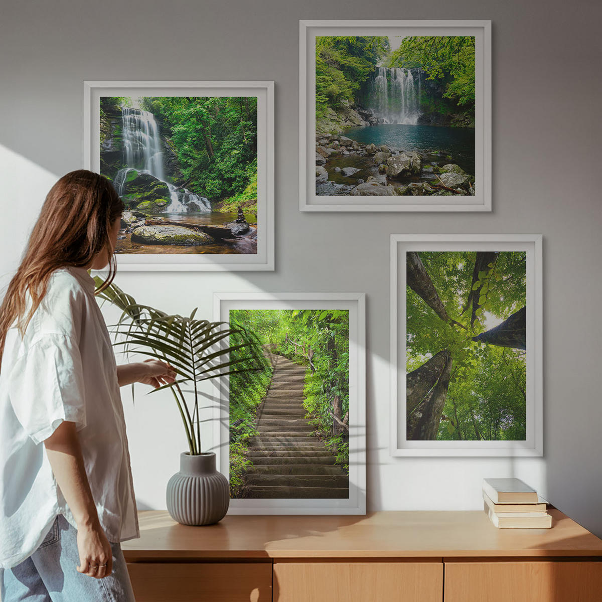 WANDBILDER 4er-Set - 50x50 cm & 40x60 cm Weißer Rahmen - Pfad Wald Wasserfall Vegetation - Weiß, Kunststoff (50/50cm) - ArtPrintCave