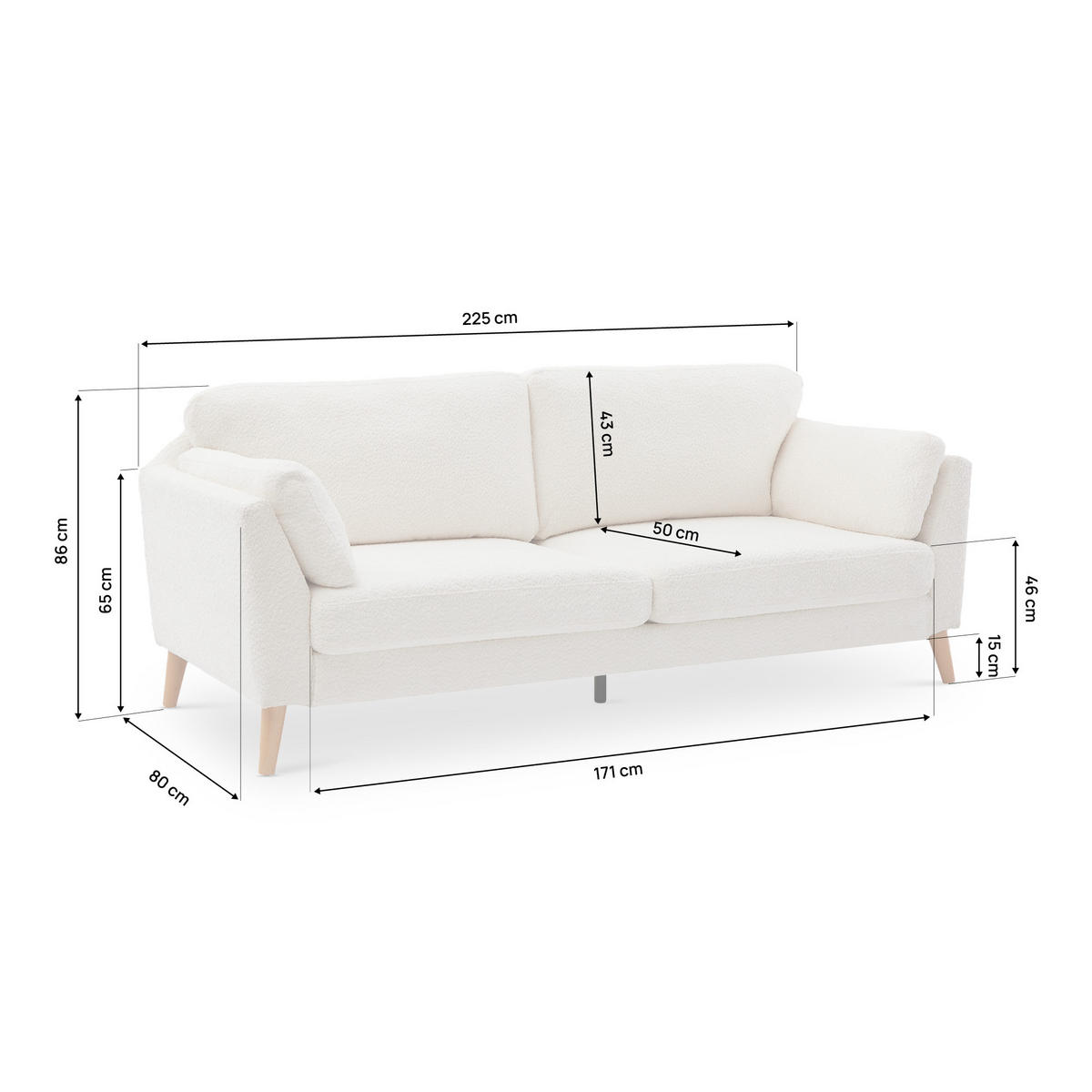 3-SITZER-SOFA Maja Skandinavisches mit weißer Bouclé - Weiß/Akaziefarben, Holz/Holzwerkstoff (225/86/80cm) - Sicaan
