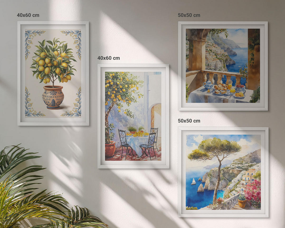 WANDBILDER 4er-Set - 50x50 cm & 40x60 cm Weißer Rahmen - Tisch aus Zitronenbaum - Weiß, Kunststoff (50/50cm) - ArtPrintCave