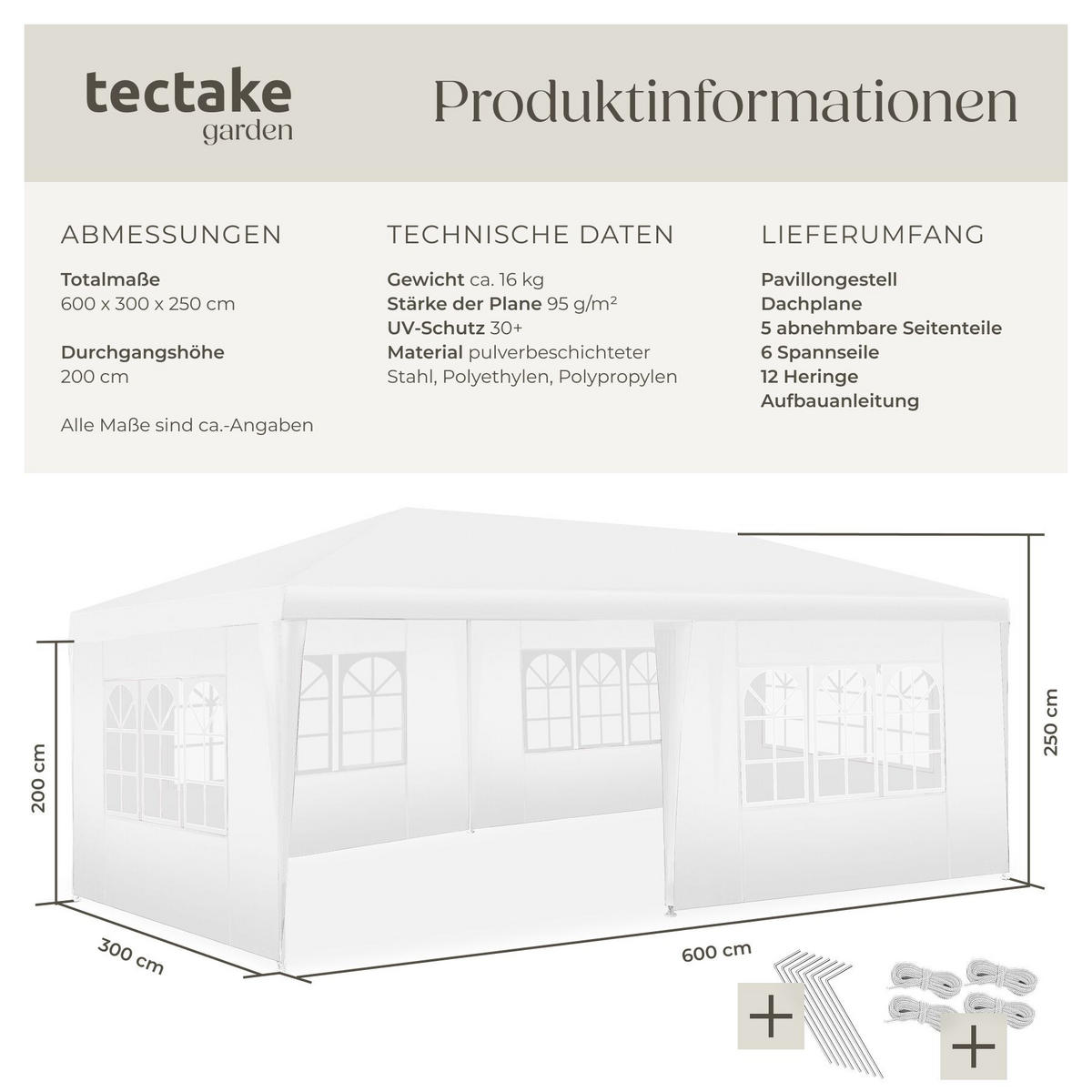 PAVILLON Novara, wasserdicht, weiß - Weiß, Kunststoff (300/250/600cm) - tectake