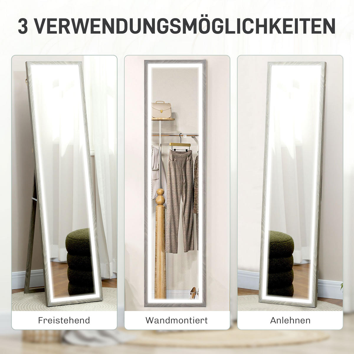 GANZKÖRPERSPIEGEL 40 x 160 cm Standspiegel mit LED-Lichte, 3 Lichtfarben, Grau - Grau, Glas (5/160/40cm) - HOMCOM