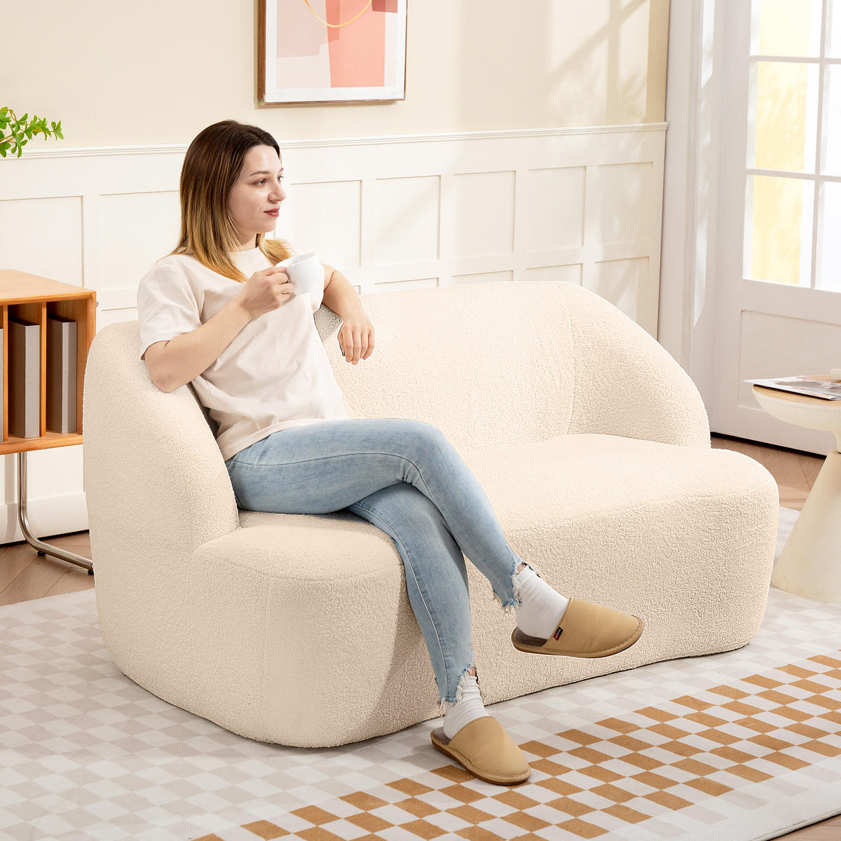 SOFA, 2-Sitzer, Bouclé-Stoff, 142cm, geschwungene Rückenlehne, beige - Multicolor, Holzwerkstoff (142/73.5/85cm) - FORIOUS