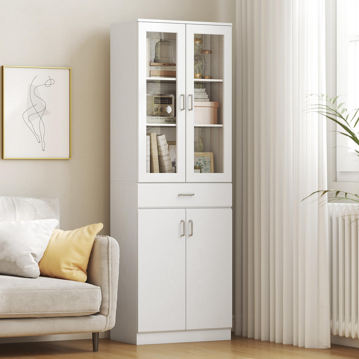 HIGHBOARD DE-11261 2 Glastüren & Schublade mit verstellbaren Böden Weiß - Weiß, Holzwerkstoff (35/180/60cm) - ComfortXL