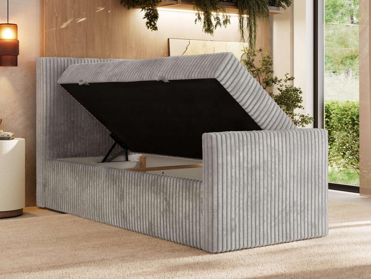 BOXBETT TILIANO DUO 90/200 - Hellgrau Cord - H4 - Topper Visco - Links Seite - Hellgrau, Textil (90/200cm) - MKS