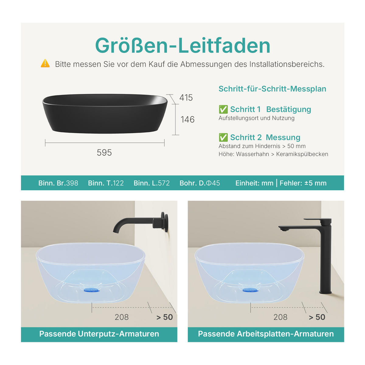 WASCHBECKEN Mattschwarz 60/41,5/13,5 cm - Schwarz, Keramik (41.5/13.5/60cm) - EMKE