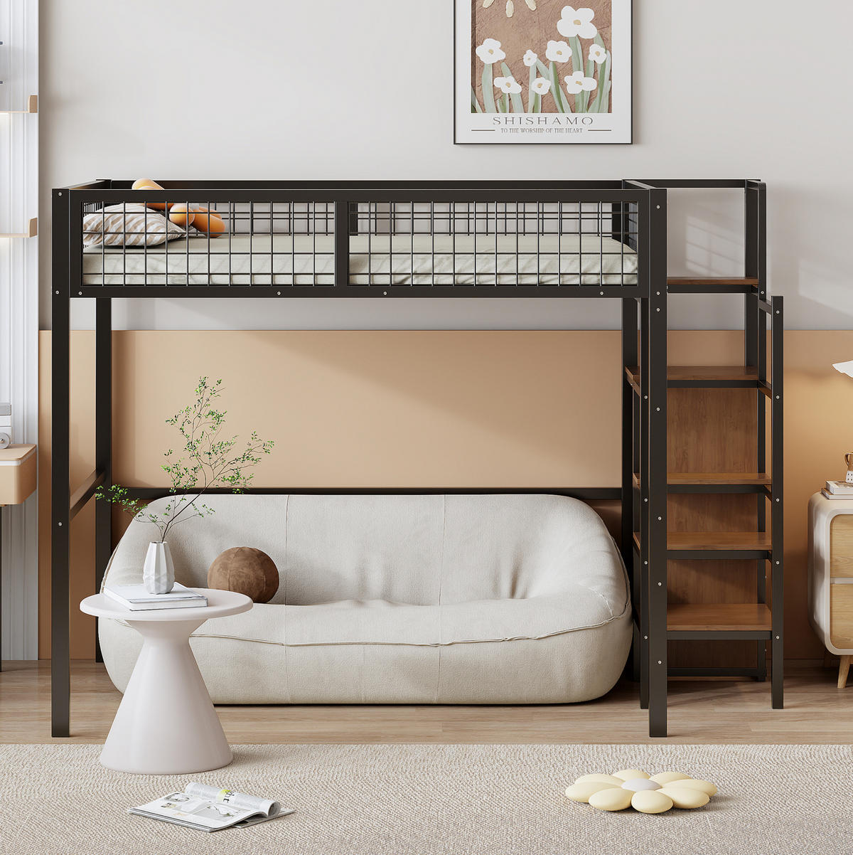 HOCHBETT 140/200 cm schwarz mit Sicherheitsleiter und Aufbewahrungsregal mit Matratze - Schwarz, Metall (140/200cm) - OKWISH