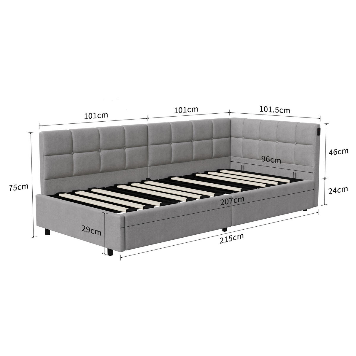 POLSTERBETT 90x200 cm Grau mit hydraulischem Stauraum, LED Beleuchtung, Eckbett mit Rückenlehne - Grau, Metall (90/200cm) - EuroLiving