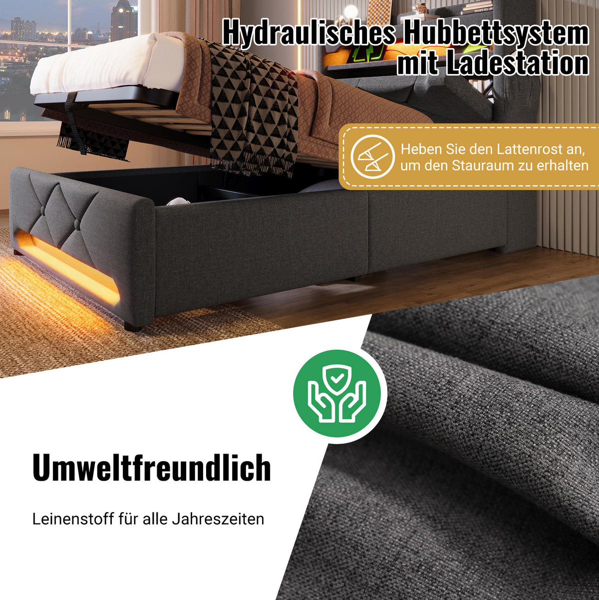 POLSTERBETT aus Leinen 180x200 cm Grau mit hydraulischem Bettkasten, LED-Beleuchtung und USB-/USB-C-Anschluss - Grau, Textil (180/200cm) - IVMEU