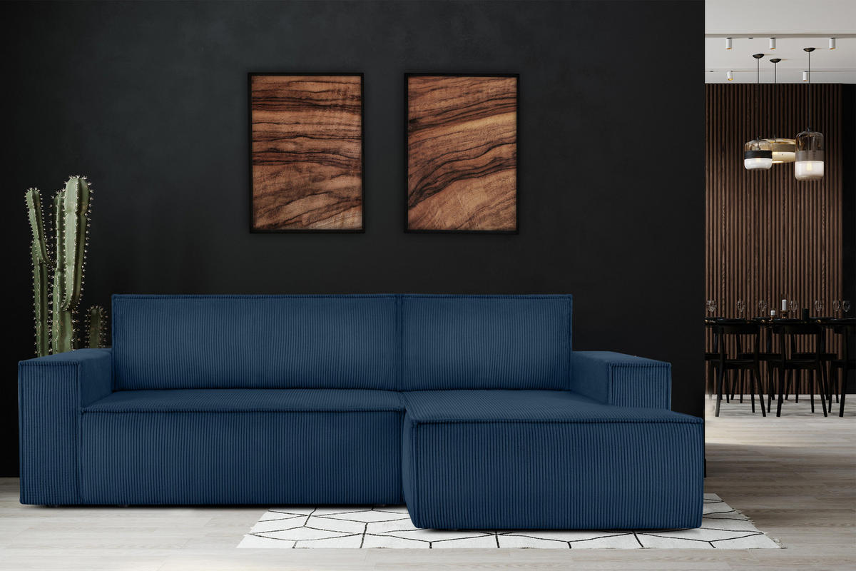 ECKSCHLAFSOFA-RECHTS NAPI in Pet Friendly Cord-Stoff, marineblau - Blau/Schwarz, Textil (262/148cm) - KONSIMO®