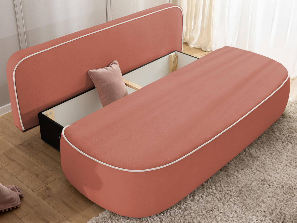KINDERSOFA Vero im modernen und abgerundeten Design mit Schlaffunktion und Bettkasten aus Rosa Plüschstoff mit hellgrauer Paspel - Hellgrau/Schwarz, Holz/Kunststoff (210/90/98cm) - S-Style Möbel