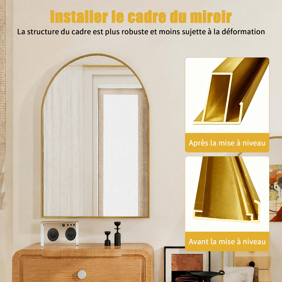 WANDSPIEGEL Bogenform 91 x 61 cm aus Sicherheitsglas mit Aluminiumrahmen gold - Goldfarben, Metall (61/91/3cm)