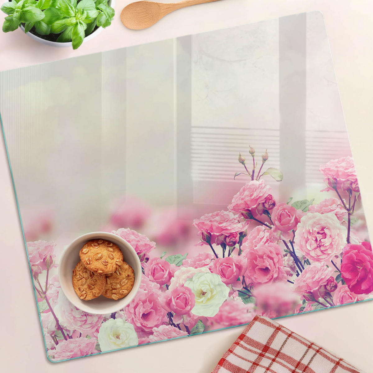 GLASPLATTE 60x52 cm Wildrosenblüten - Pink, Glas (60/0.4/52cm) - TULUP