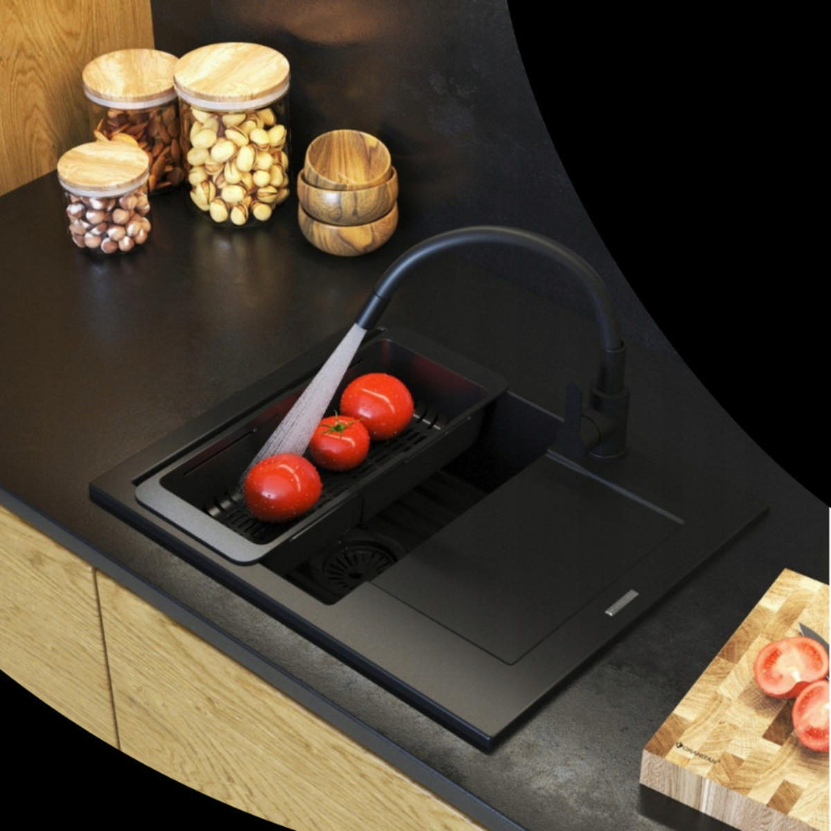 SPÜLBECKEN Bello Schwarz 4-tlg. 570/470 mm Granitoptik Set mit Armatur und Siphon - Schwarz, Stein (57/47/20cm) - Granitan