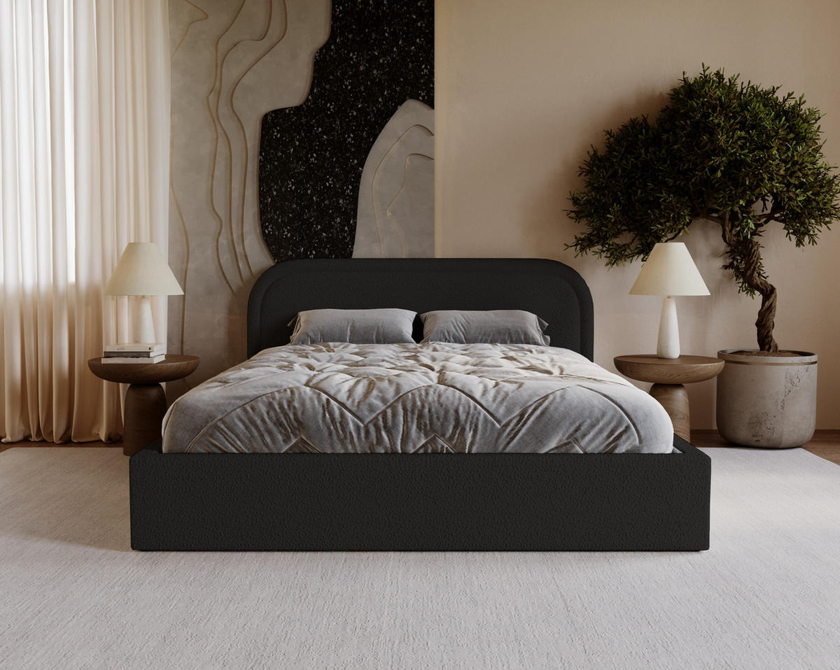 DOPPELBETT 180x200 Dune mit Bettkasten, runde Kopfteil, Bouclé, Schwarz - Schwarz, Holz/Textil (180/200cm) - Emporius