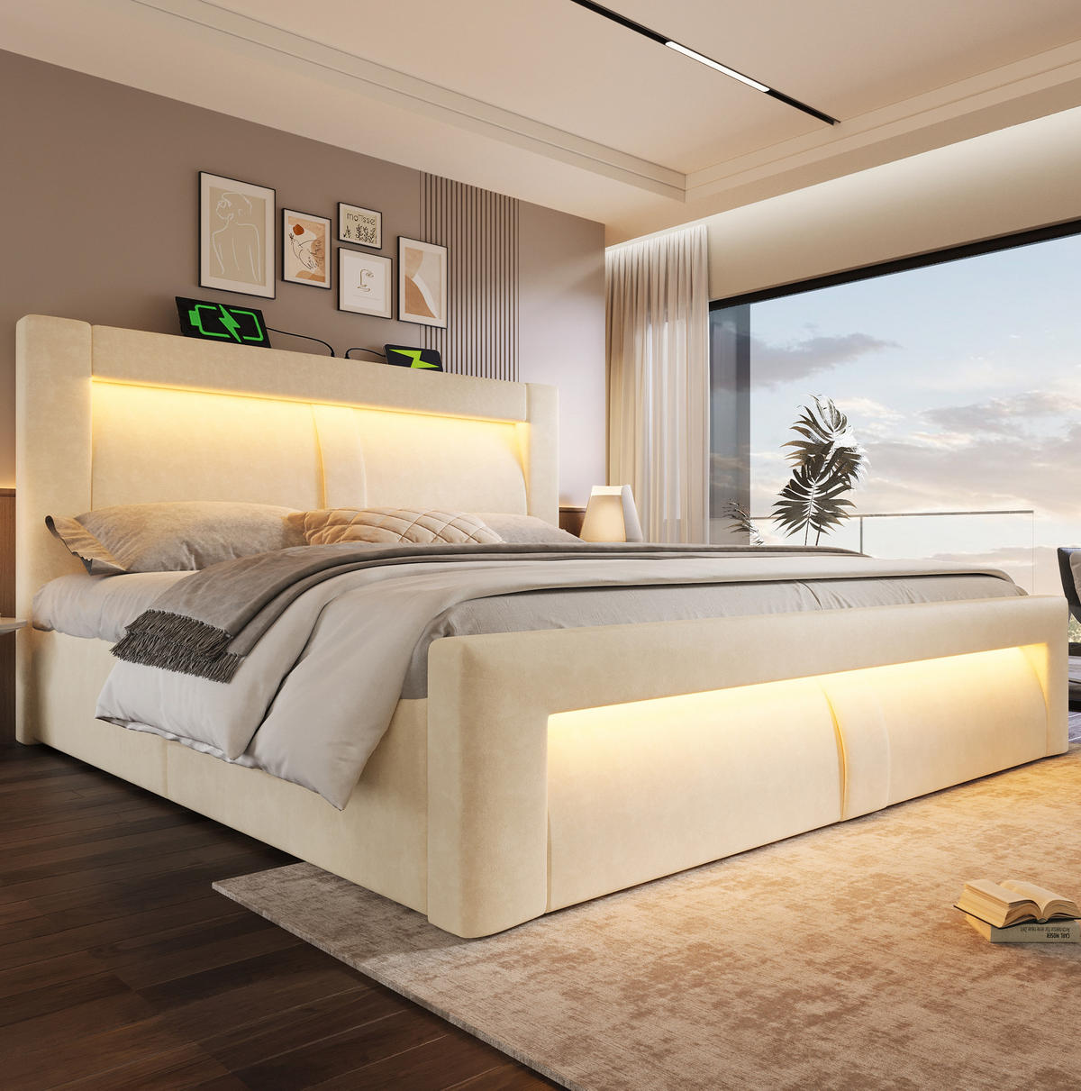 POLSTERBETT 160/200 cm Beige aus Samt mit Stauraum LED und USB-C-Ladestation mit Matratze - Beige, Textil (160/200cm) - OKWISH