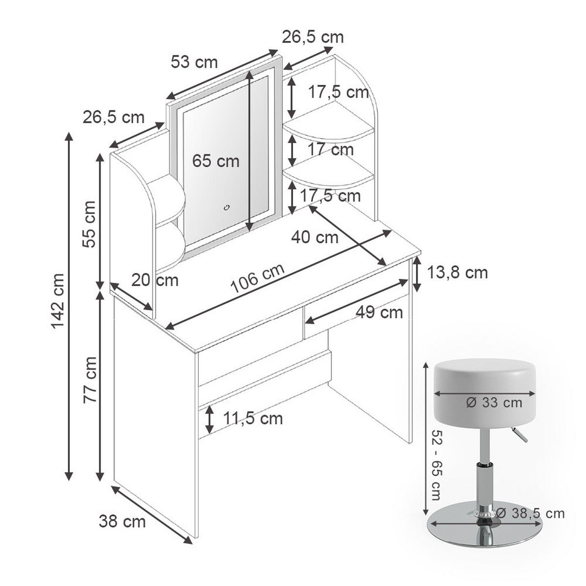 SCHMINKTISCH Charlotte Weiß 106 cm mit LED-Spiegel und Hocker - Weiß, Holzwerkstoff (106/142/40cm) - Vicco