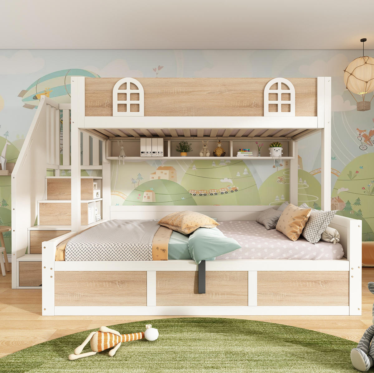 ETAGENBETT Holz 140x200 cm Weiß/Natur mit Treppenschrank, Stauraum und Lattenrosten - Weiß, Holz (140/200cm) - Modfu