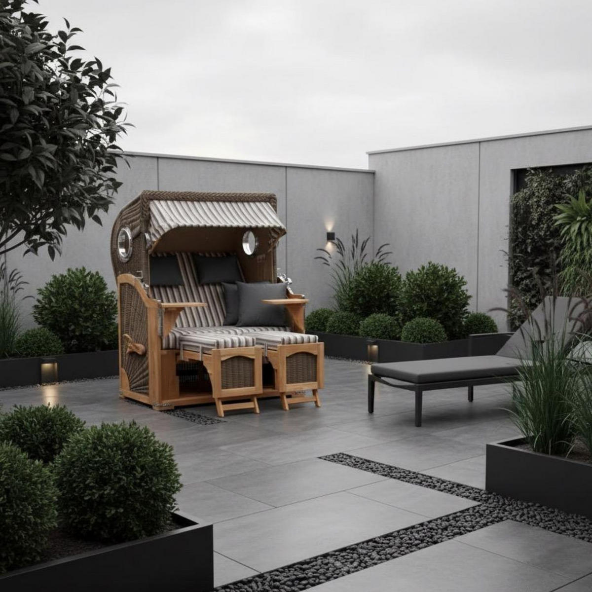 STRANDKORB Düne 2 Sitzer Teak PE Grey - Braun/Grau, Holz/Metall (125/170/80cm) - Mr. Deko