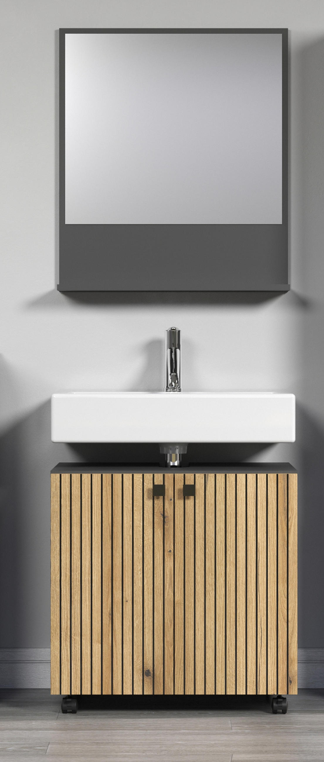 BADSPIEGEL grau 60 cm, Badezimmer Spiegel mit Ablage - Grau, Glas/Holzwerkstoff (60/74/14cm) - Top.Furn