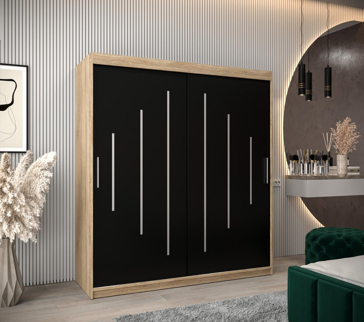 SCHWEBETÜRENSCHRANK 200/180/62 2-türig - Silberfarben/Schwarz, Holz/Kunststoff (180/200/62cm) - Abiks Möbel