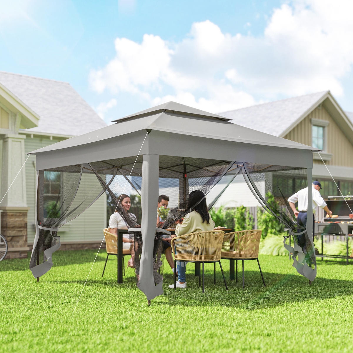 PAVILLON DE-14067 3/3 m, Doppeldach, 4 Moskitonetze - Grau, Metall (325/270/325cm) - ComfortXL