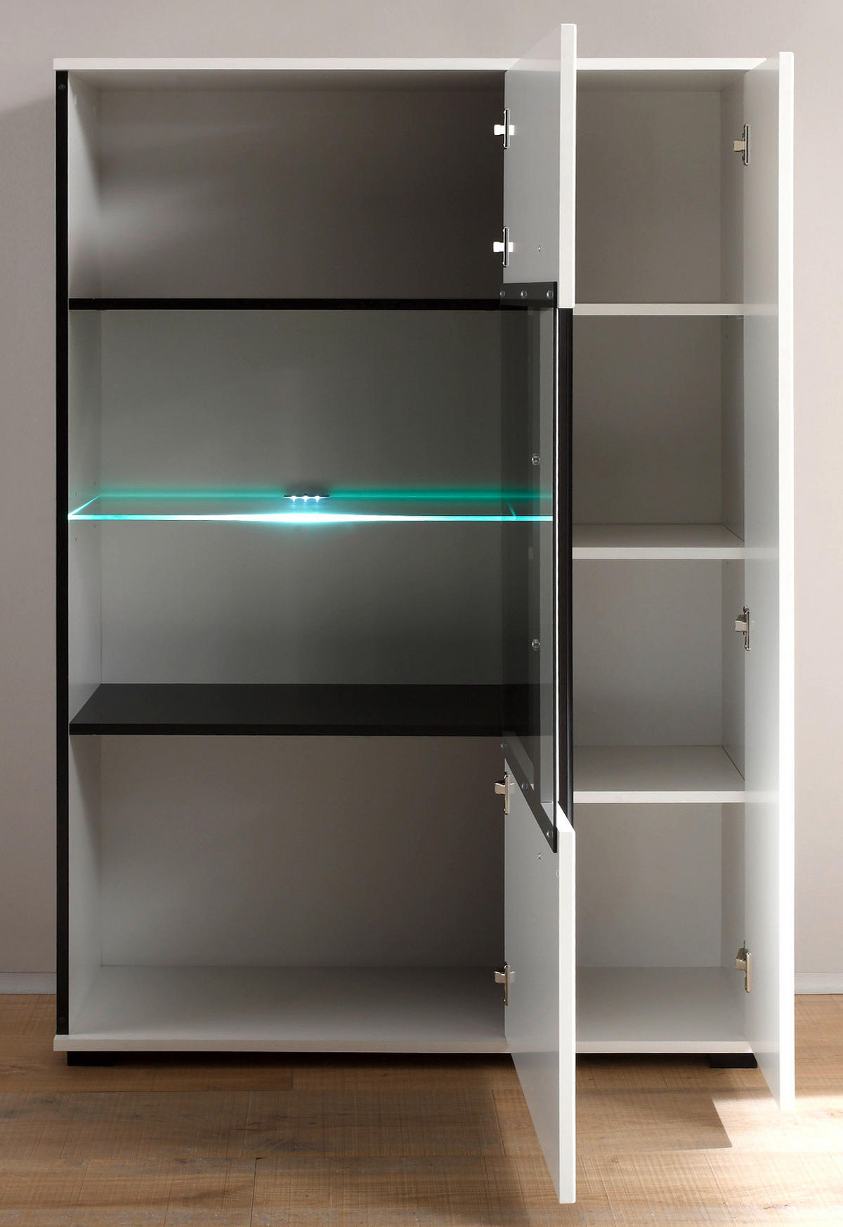 WOHNWAND Hochglanz weiß 4-teilig 350 cm, Schrankwand mit Soft-Close - Weiß Hochglanz/Schwarz, Glas/Holzwerkstoff (350/200/42cm) - Furn.Design