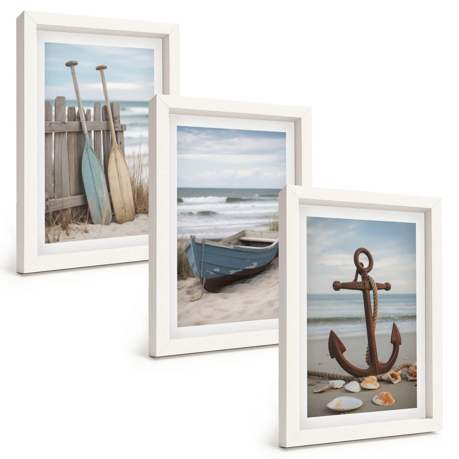 BILDER SET 3er Set - 20x30 cm Weißer Rahmen - Strandbootanker Sand - Weiß, Kunststoff (20/30cm) - TULUP
