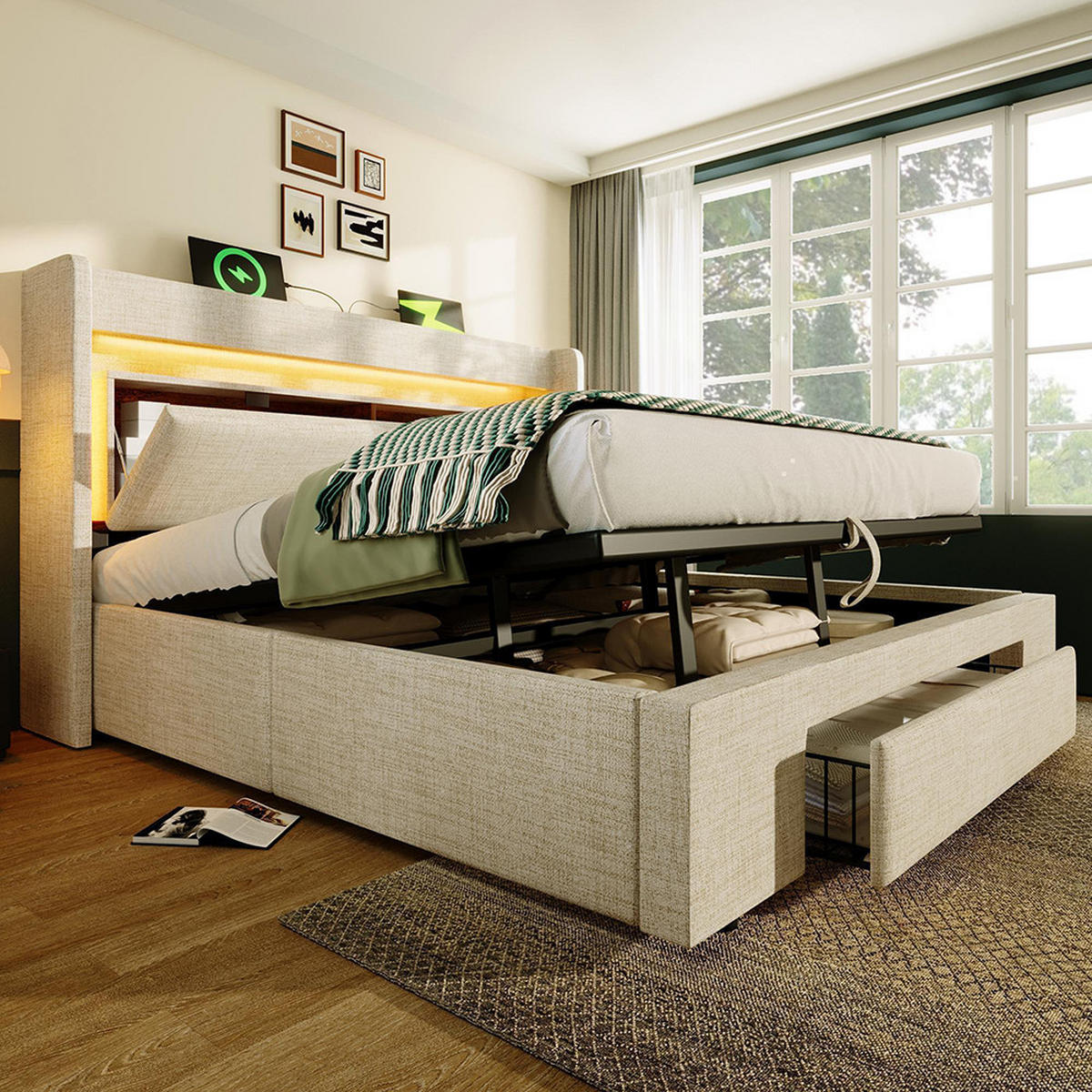 POLSTERBETT 140x200cm in Beige Leinen,ohne Matratze - Beige, Textil (140/200cm)