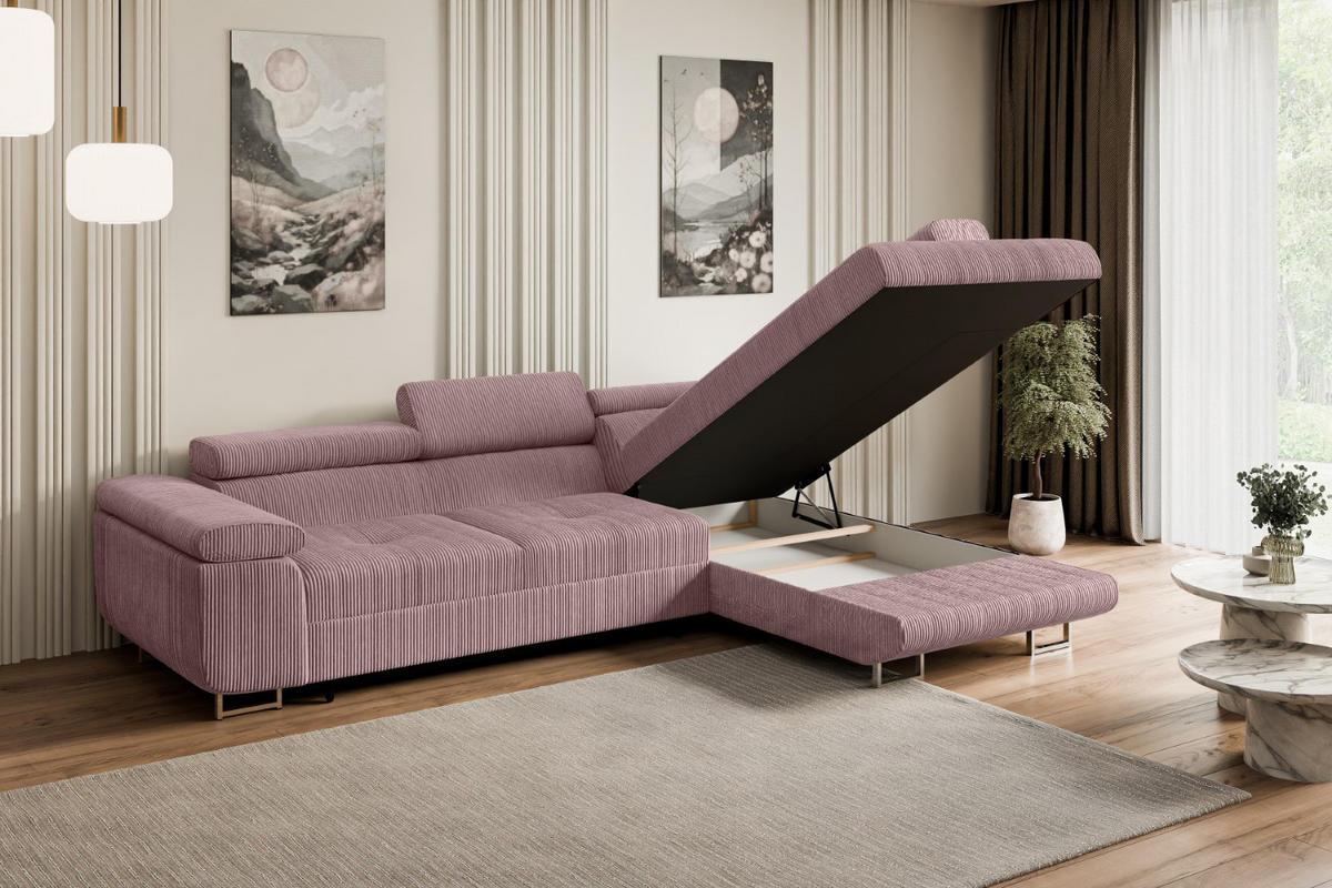 ECKSOFA mit Schlaffunktion und Bettkasten GUSA-L 272x202x107 cm Rosa Cord - Silberfarben/Rosa, Holzwerkstoff/Textil (272/202cm) - ALTDECOR