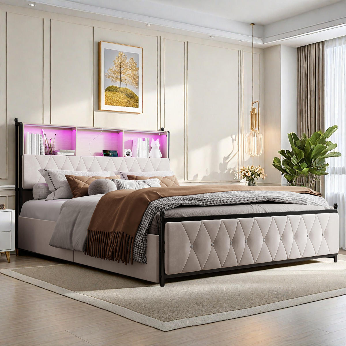 POLSTERBETT 160x200 cm LED USB 4 Schubladen Samt Beige - Beige, Holz (160/200cm)