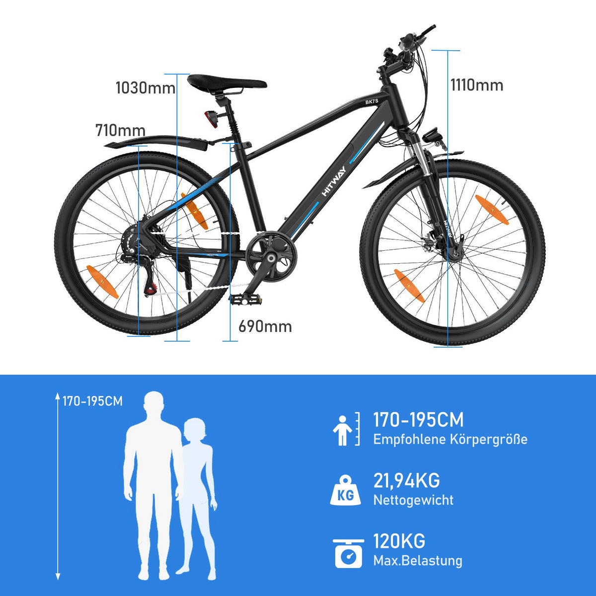 E-BIKE BK7S Reichweite bis 90 km - Schwarz, Metall (80cm) - HITWAY