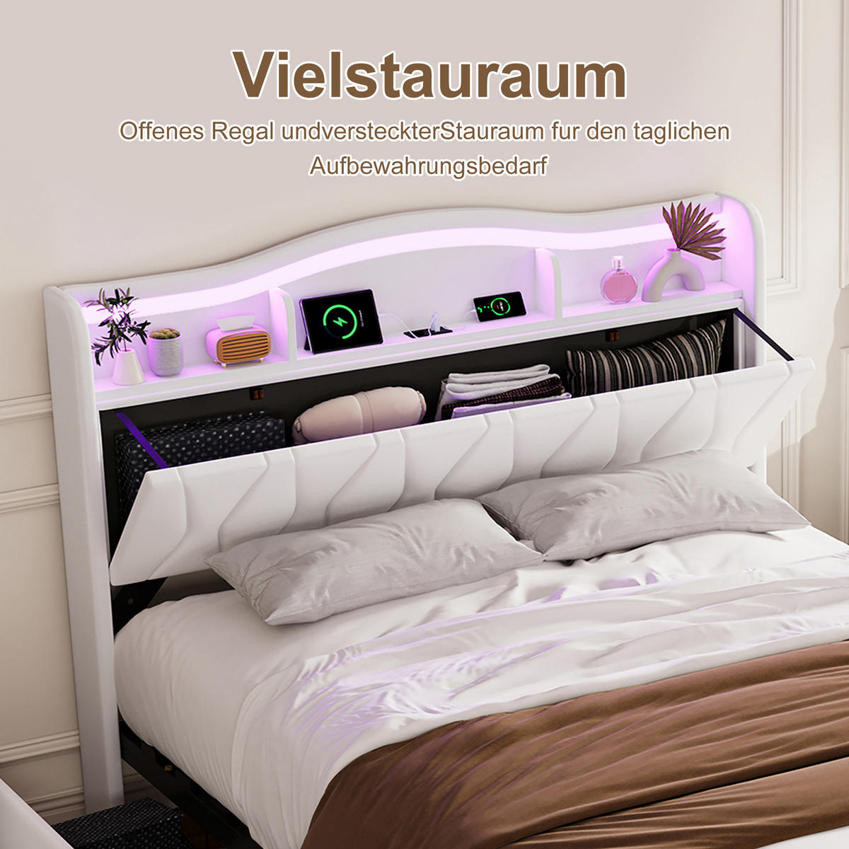 POLSTERBETT 160x200 cm Beige mit LED, USB-C, 4 Schubladen - Beige, Holz (160/200cm)