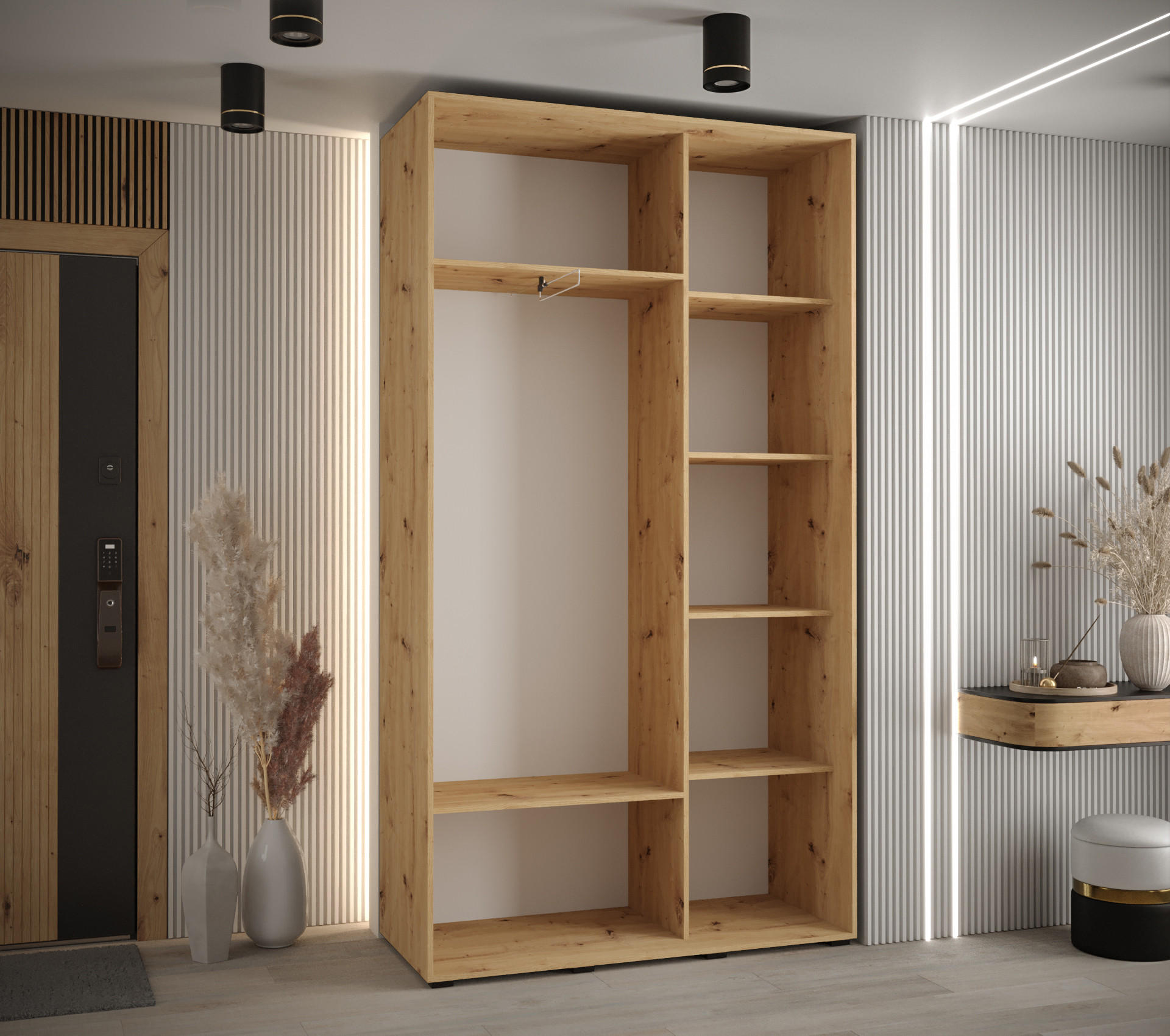 Thumbnail - Abiks Möbel Schwebetürenschrank, Eiche Artisan, Weiß, Silber, Metall, Nachbildung, 6 Fächer, 130x235x45 cm, Schlafzimmer...