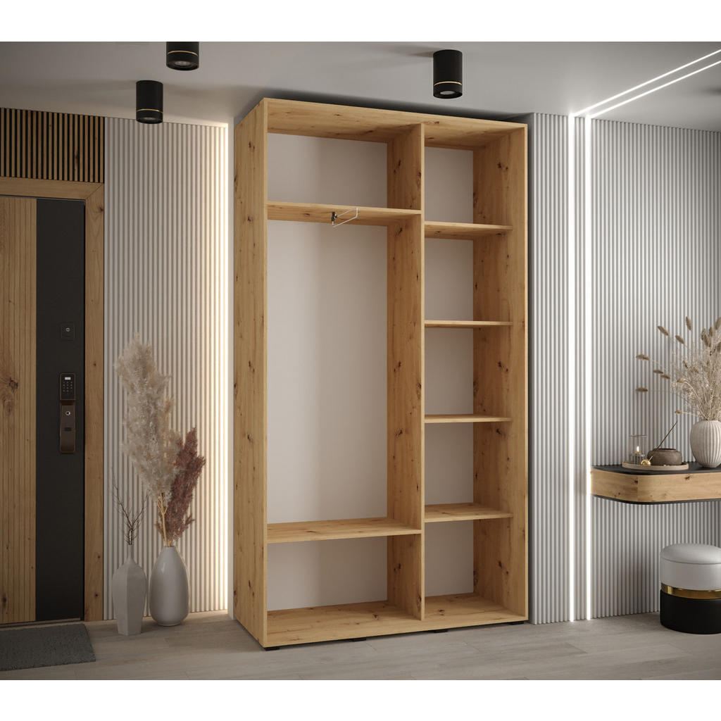 Thumbnail - Abiks Möbel Schwebetürenschrank, Eiche Artisan, Weiß, Silber, Metall, Nachbildung, 6 Fächer, 140x235x45 cm, Schlafzimmer...