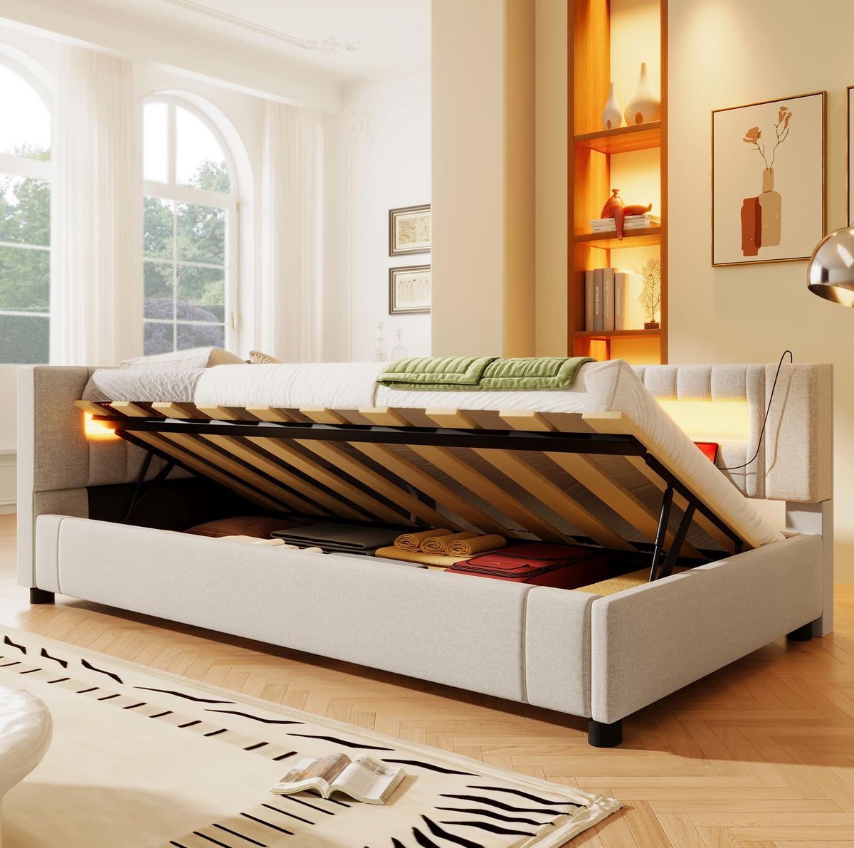 POLSTERBETT 90/200 cm mit LED-Beleuchtung, USB- und USB-C-Anschluss sowie hydraulischem Stauraum, Beige - Beige, Textil (90/200cm) - Redom