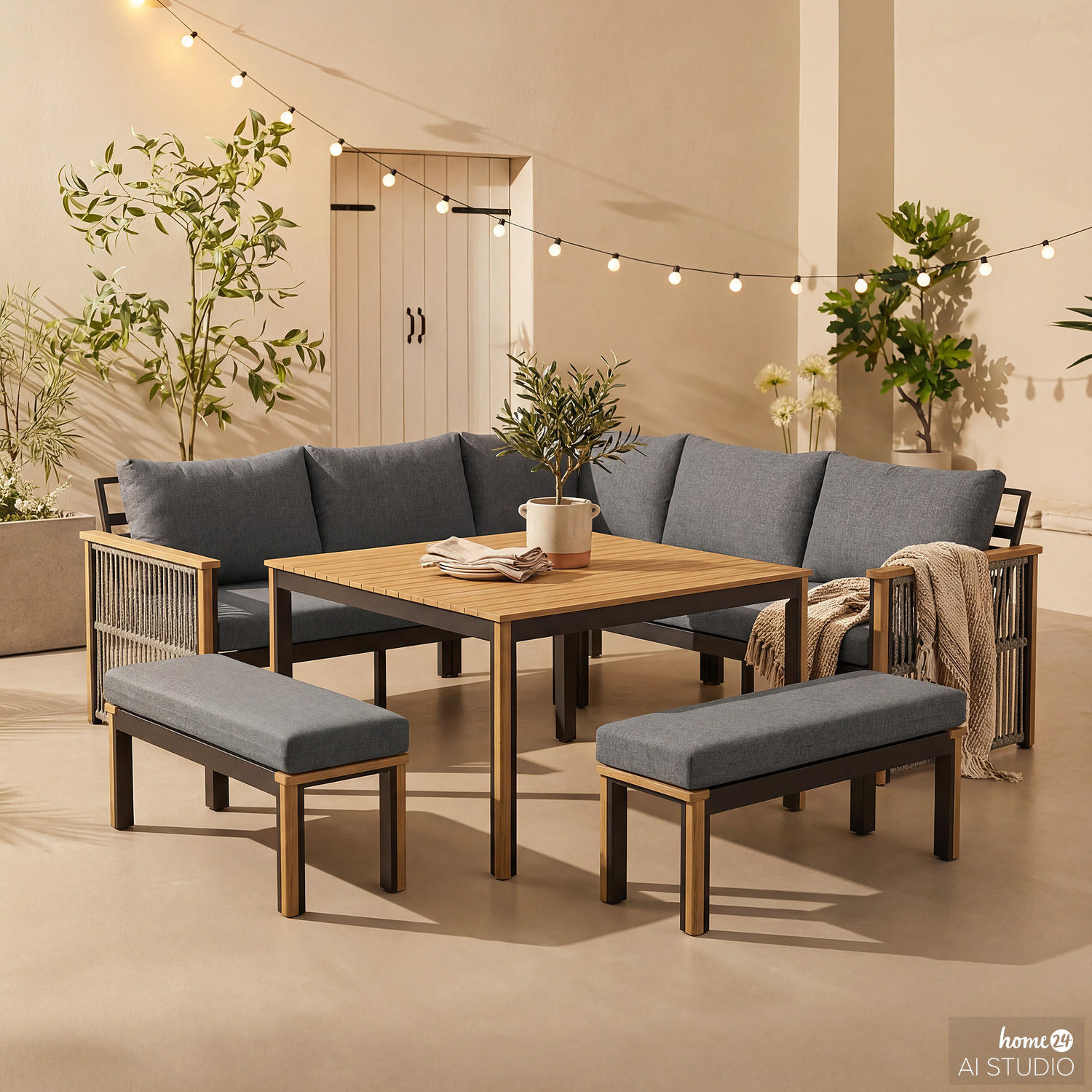 LOUNGEGRUPPE - Akazie massiv / Polyester - Braun / Anthrazit - Anthrazit, Holz/Textil - home24