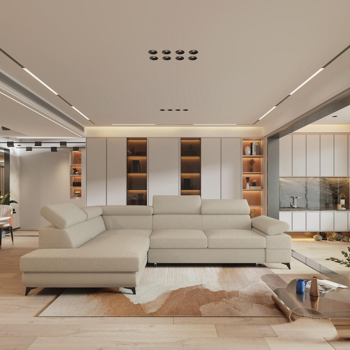 ECKSOFA FAVIEN L-S Beige Boucle-Stoff mit Schlaffunktion - Beige, Holz (257/190cm) - MASSENO