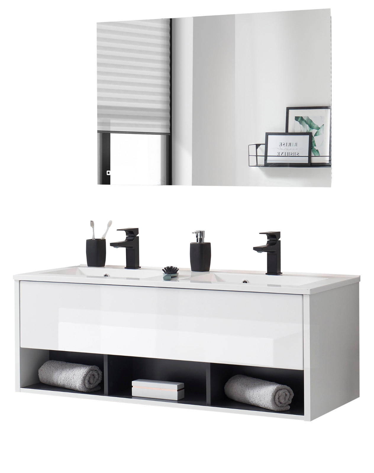 BADMÖBEL Set in weiß Hochglanz und grau mit Doppelwaschbecken und LED Beleuchtung 120 x 190 cm Glide - Weiß Hochglanz/Grau, Glas/Holzwerkstoff (120/190/47cm) - Furn.Design