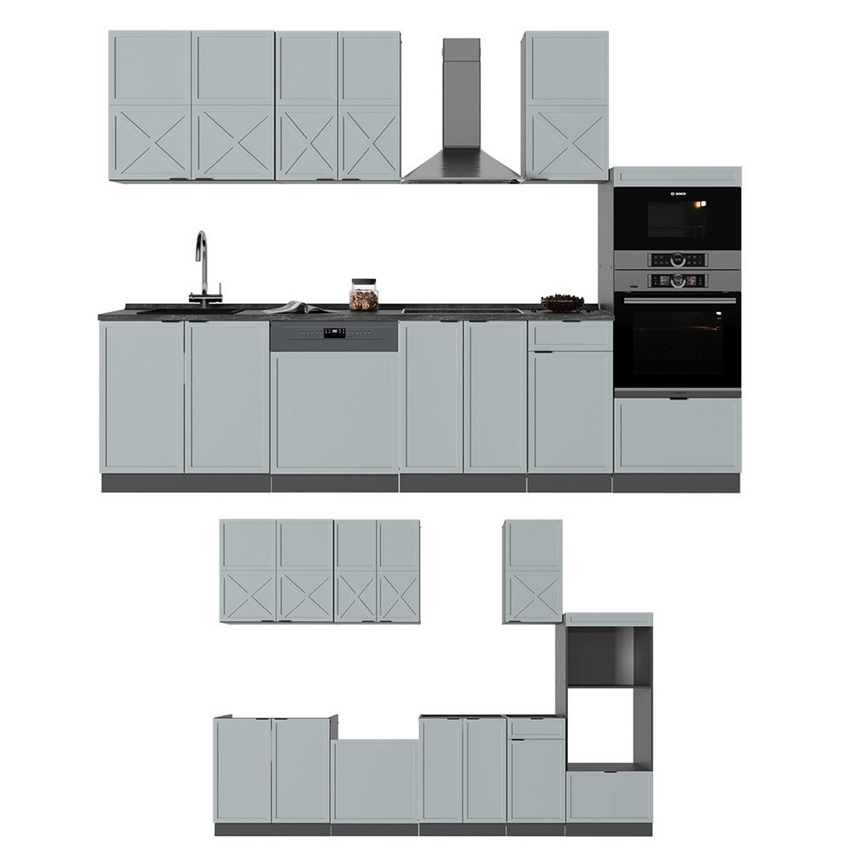 KÜCHENZEILE Fame-Line Hellblau-grau/Anthrazit 300 cm mit Hochschrank AP Eiche - Anthrazit/Blaugrau, Holzwerkstoff (300/81.6/60cm) - Vicco