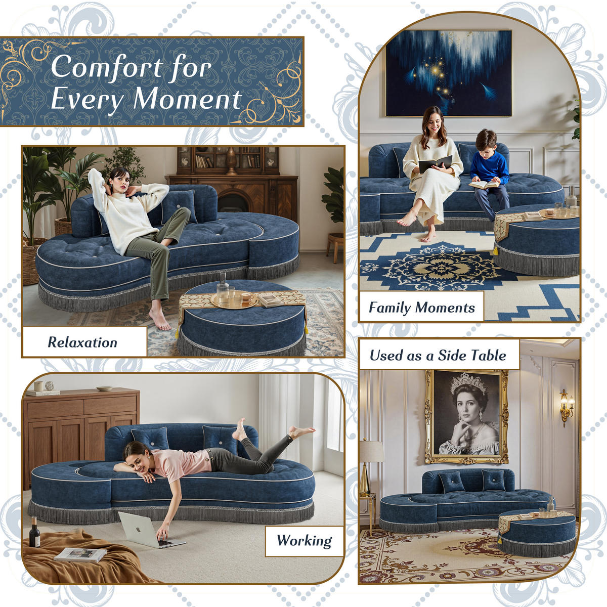 SOFA Quaste Samt blau 4-teilig - Blau, Textil (80/108/198cm) - Vercart