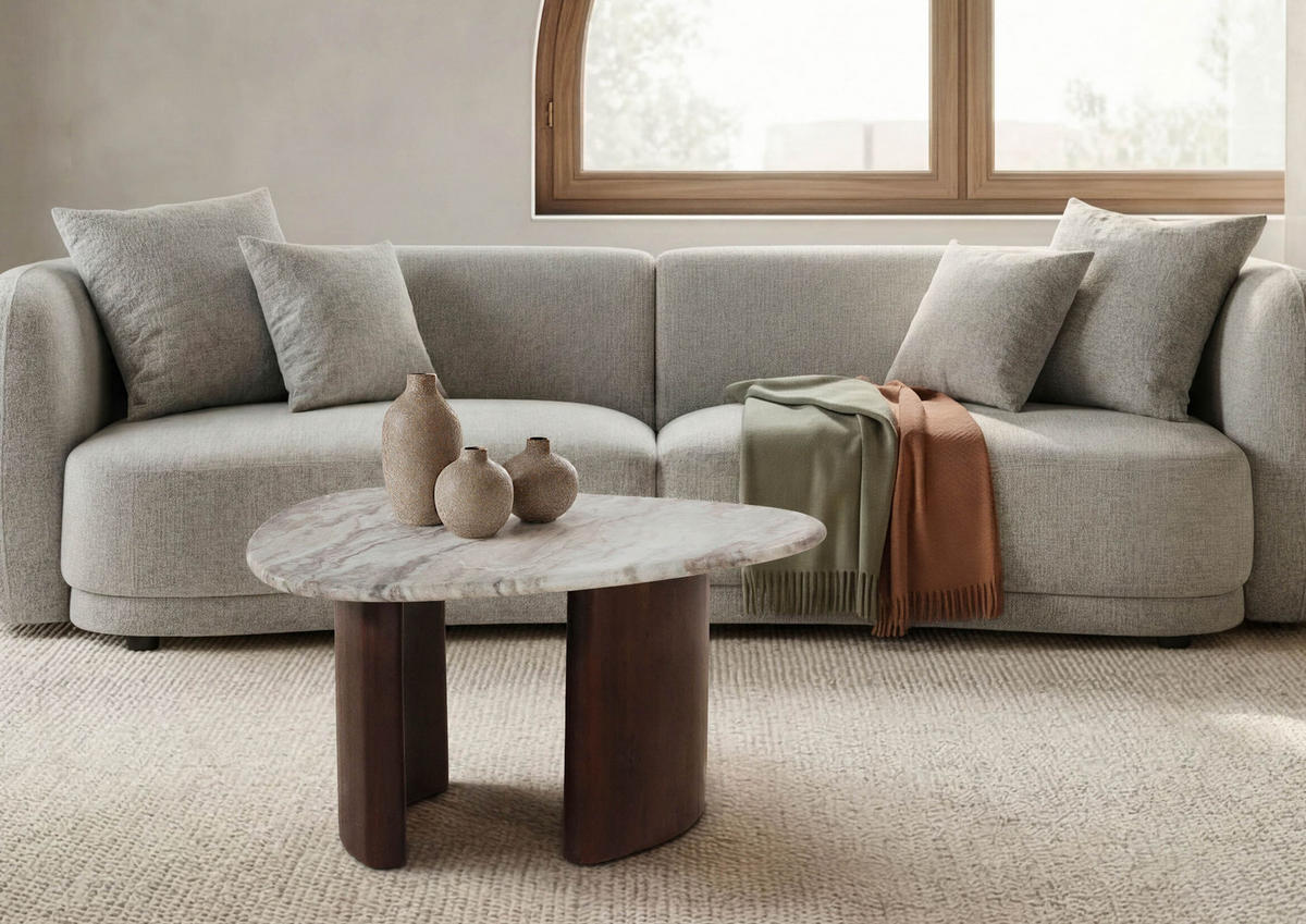 COUCHTISCH Akazie 65x65x41 braun lackiert / Marmor beige ORGANIC COLLECTION #36 - Braun, Holz (65/65/41cm) - Massivmoebel24