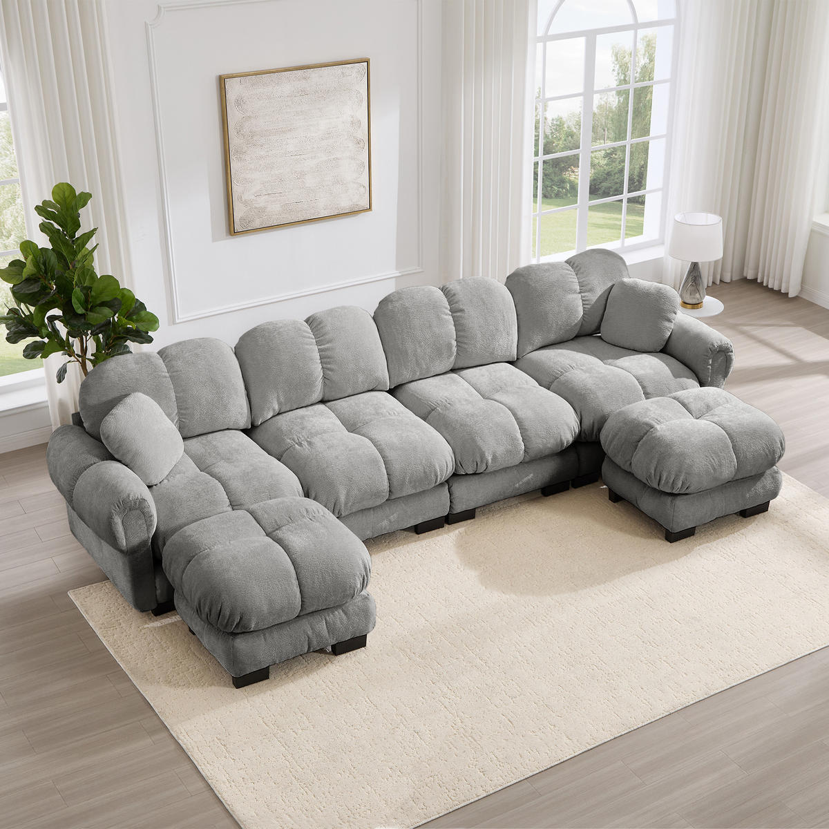 WOHNLANDSCHAFT DE-34384 U-Form mit 2 Ottomans und Steppdesign Hellgrau - Hellgrau, Textil (149/90/330cm) - ComfortXL