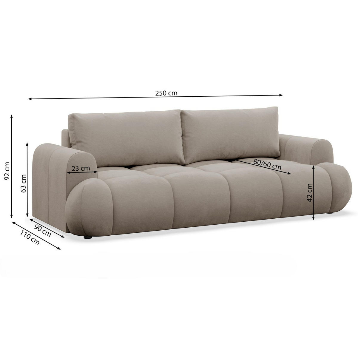 3-SITZER SOFA Ombo Doce Beige wasserabweisender Samt - Beige/Schwarz, Kunststoff/Textil (250/92/110cm) - Selsey