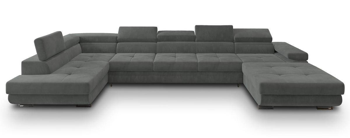 WOHNLANDSCHAFT TORIVA L-S Grau Velours-Stoff mit Schlaffunktion - Grau, Holz (418/90/202cm) - MASSENO