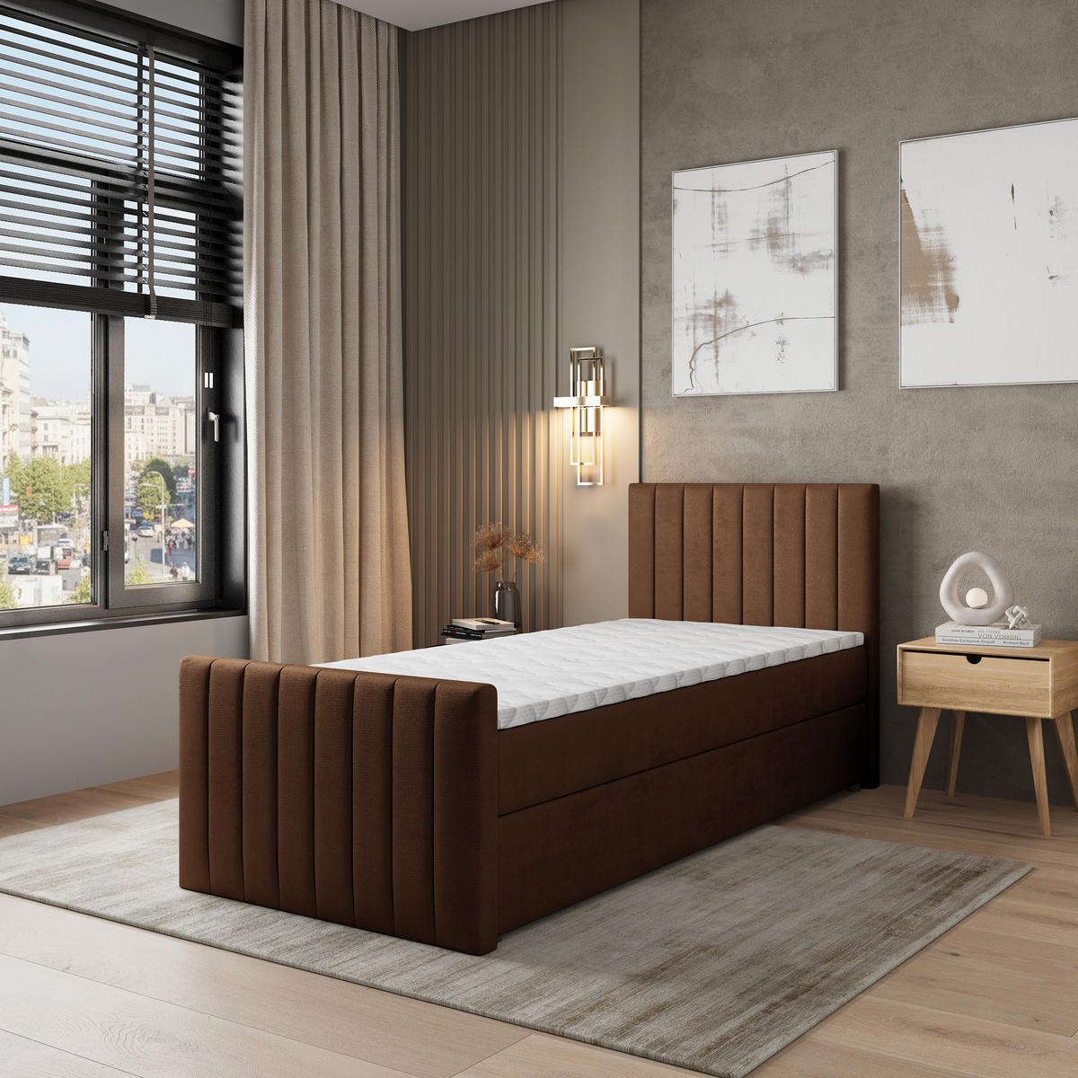 BOXBETT ARION 100 100x200 cm mit Matratze und Topper, H2+H3 - Braun - Braun, Holz (100/200cm) - MASSENO