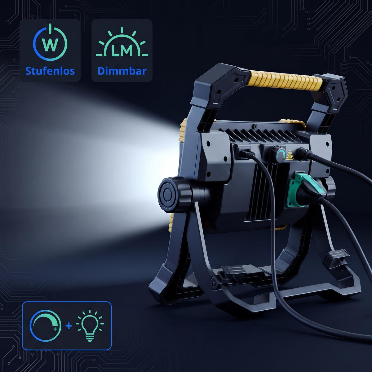 NORTHPOINT LED Baustrahler Arbeitsstrahler 100W 9000 Lumen mit USB-Ausgang stufenlos dimmbar rückseitige Steckdose #1 - Schwarz, Metall (13/77/215cm) - Northpoint