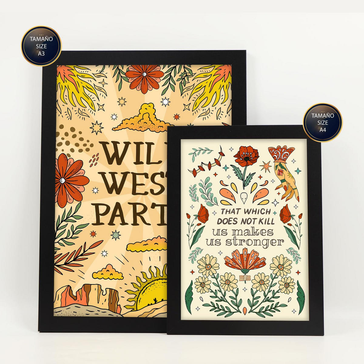 POSTER Set Mit 6 Wundervoller Wildwest-Ästhetische Dekorative Gemälde Für Ihr Wohnzimmer Oder Zuhause Wandkunstdruck A3 & A4 Schwarzer Rahmen - Schwarz, Papier (29/3cm) - Nacnic